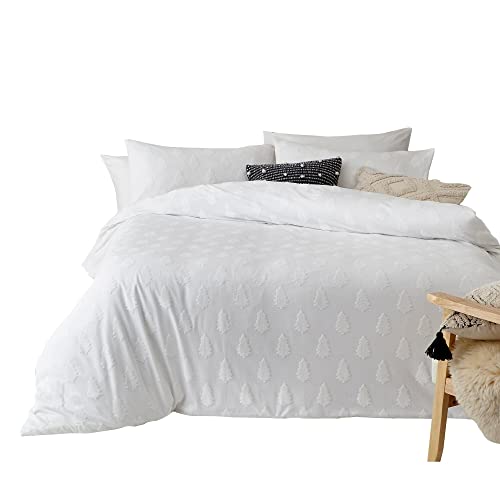 The Linen Yard Tufted Tree Super King Duvet Cover Set, Cotton, Snow