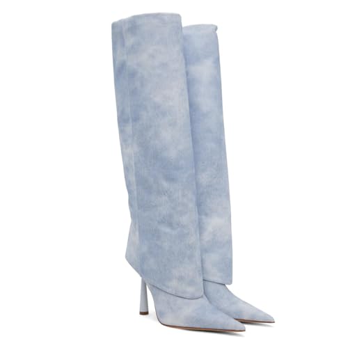 Image of Goolita Fold Over Boots For Women, Pointed Toe Stiletto Heel Knee High Boots Fashion Comfortable Slip On Tall Boots