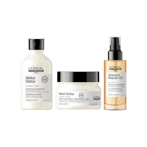 L'Oréal Professionnel, Shampoing Anti-Métal + Masque Protecteur Anti-Dépôt + Huile de Finition 10-en-1, Cheveux Colorés &amp; Décolorés, Metal Detox + Absolut Repair, SERIE EXPERT, 300 ml + 250ml + 90ml