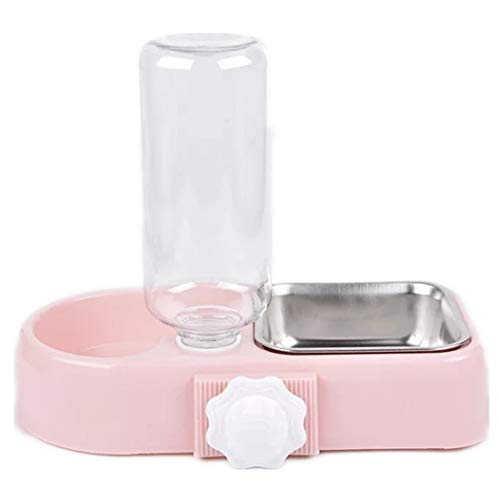 Cage Dual Bowl with Water Bottle, Removable Stainless Steel Food Feeder, 2 in 1 Design for Cat Dog Bird Rabbit, Pink