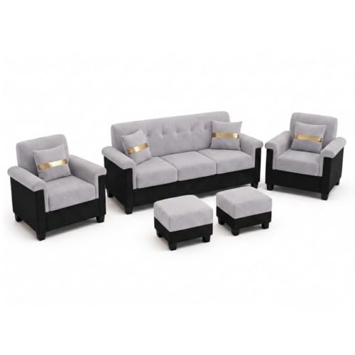 Image of FURNY Woodswave 5 Seater 3+1+1+2 Puffy Sofa Set for Living Room in Premium Velvet Finish (Light Grey-Black) | Durable & Comfortable | Ideal for Living Room