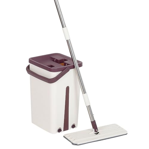 Set Classic Mop, Cubo escurridor con lavaplatos, Escoba con flecos de viscosa muy absorbentes, Prensa manual de doble accionamiento, Juego de limpieza, multifuncional - café