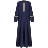 OBEEII Muslim Abaya Dress for Women Ethnic Style Long Sleeve Floral Print Full Length Islamic Dress with Zipper Dubai Arabic Long Maxi Dresses Navy Blue-A L