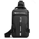 Mochila Bolsa Ombro á Prova D'água Sling Crossbody Bag com 1 Cabo USB e Entrada Masculina Meninos Casual Passeio (Preto)