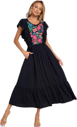 Image of Women's Summer Maxi Dress Casual Floral Embroidered Round Neck Short Sleeve Ruffle Tiered Dress Flowy Boho Beach Sundress