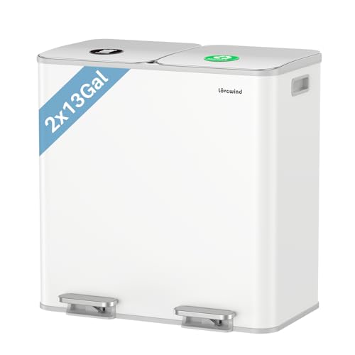Dual Trash and Recycling Bins for Kitchen, 2×13 Gallon (2× 50L) Stainless Steel Trash and Recycle Bin Combo with Soft-Close Lid, Large Garbage Cans for Kitchen Home with 2 Magnets Sticker, White