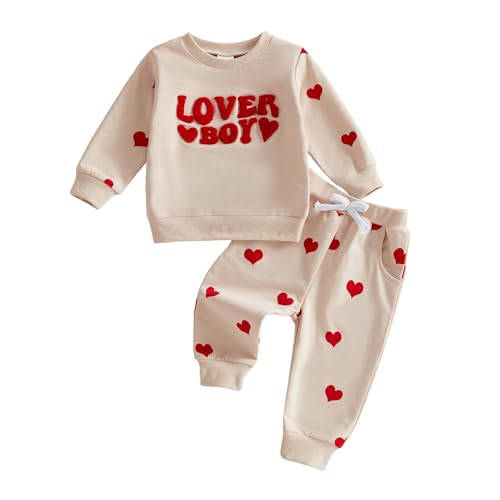 Geagodelia Toddler Baby Boys Valentines Day Clothes Outfit Embroidered Lover Boy Heart Print Sweatshirt Jumper Top Trouser Pants Valentine Clothing Set (Apricot, 2-3T)