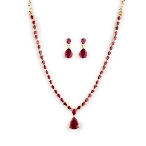 Image of Sasitrends Micro Gold Plated American Diamond Ruby stone Studded Necklace Jewellery Set