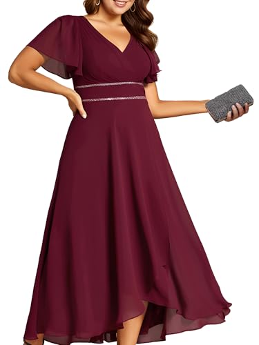 Image of Ever-Pretty Plus Women's Chiffon V-Neck Beading Ruffles Sleeves Maxi High Low Plus Size Formal Dresses