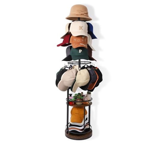 Keebofly 360° Rotating 5-Tier Hat Rack Stand - Large Capacity Freestanding Hat Storage, Hat Organizer for Baseball Caps with Metal & Wood Shelves, Holds 150+ Hats, Ideal for Vendor Booth & Home