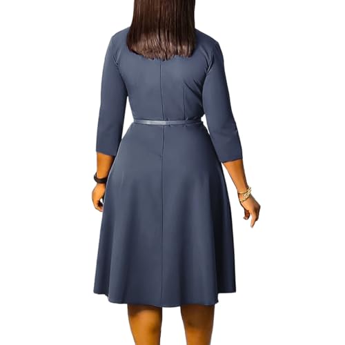 Image of Elainone Women 3 /4 Sleeve Casual Swing Flared A Line Dress Wedding Guest Semi Formal Office Work Dresses with Belt