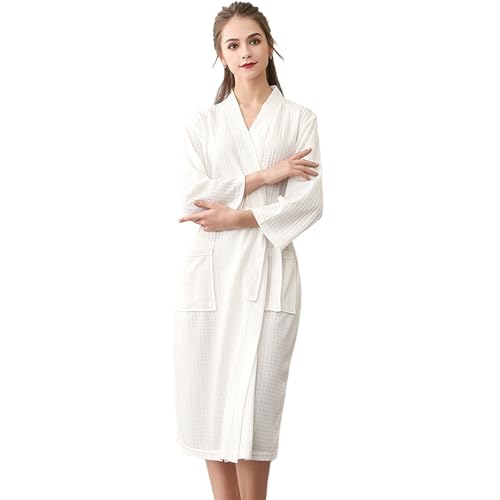Albornoz extra largo de gofre para mujer, bata ligera para mujer, talla grande, ropa de descanso de felpa, bata de baño, bata de baño, bata blanca para dormir, bata ligera, blanco, XL