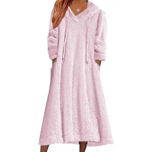 2024 Women's Fleece Fuzzy Hoodies Dress Long Dress Oversized Hooded Sweatshirts Dress Warm Winter Hoodies with Pocket