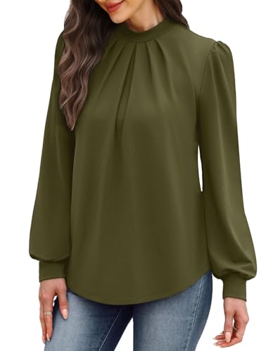 Image of WIHOLL Long Sleeve Shirts for Women Mock Neck Tops Pleated Front Blouses Dressy Casual Spring Fall Clothes 2026 Fashion