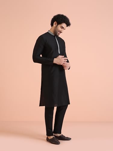 Image of KISAH Men's Navy Blue Printed Cotton Kurta - Regular Fit Long Tunic with Mandarin Collar | Ethnic Wear for Weddings & Festive Occasions