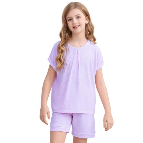 V.&GRIN Girls Women Pajama Set, Summer Ribbed Knit 2 Piece Short Sleeve Sleepwear Mommy and Me Matching Pjs Sets