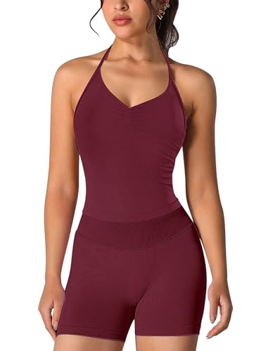 2 Piece Workout Sets for Women Seamless Halter Sports Bra Scrunch Butt High Waist Impact Shorts Gym Yoga Outfits