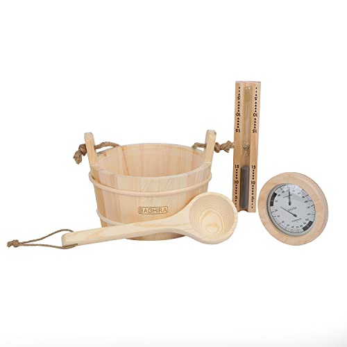 BAGHIRA Saunakübel Set - 5-teiliges Sauna Zubehör aus Kiefernholz - Sauna Kübel mit PVC-Einsatz, Sauna Eimer mit Kelle, Sanduhr, Thermo- & Hygrometer