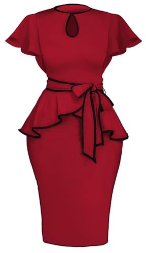 Image of Women's Vintage Bodycon Church Ruffle Sleeve Ruched Dresses Work Midi Pencil Dress
