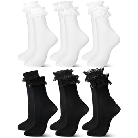 Fourluoo 6 Pairs Womens Ankle Socks Casual Ruffle Socks Lace Socks Cute Breathable Thin Cool Frilly Socks for Girls Women(Black, White,Velvet Style) Cover