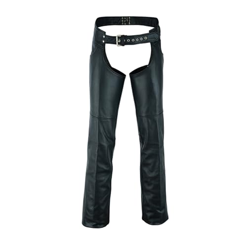 Daniel Smart Motorcycle Leather Chaps – All Season Unisex Biker Pant with Customizable fit and Jean Style Pockets (Medium-Tall) Black