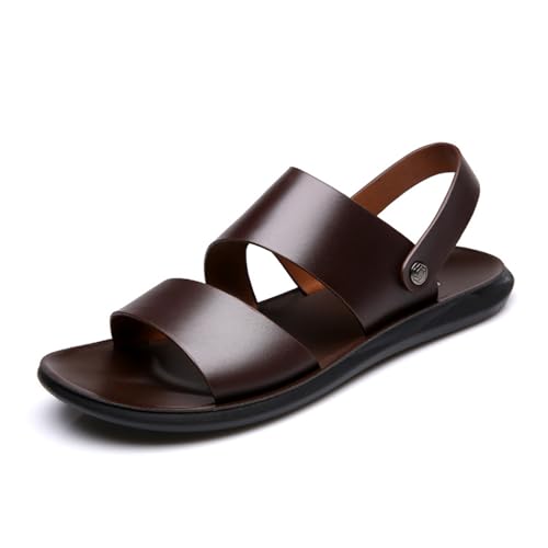 Mens Leather Hollow Out Casual Flat Sandals with Adjust Ankle Strap Round Open Toe Soft Sole Lightweight Outdoor Walking Slippers Shoes Summer Beach Sport Hiking Water Sandals