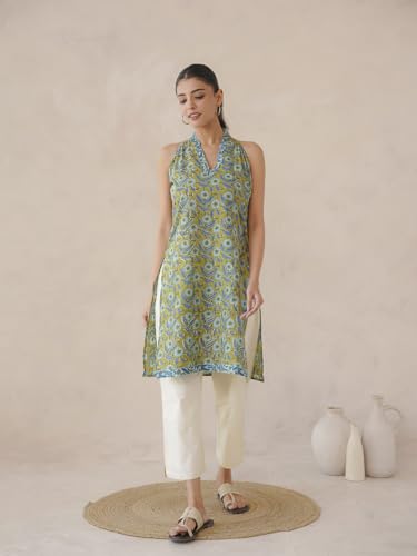 Image of GOODHAND Chic Cotton Halter Kurti with Timeless Block printsPerfect for Casual outings or Festive Flair-Where Traditional Charm Meets Modern Silhouette