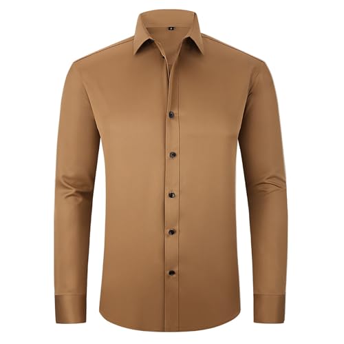 Camisa de manga larga para hombre, transpirable, estampado tropical, no necesita planchado, informal, con botones, para vacaciones de verano, caqui, XS
