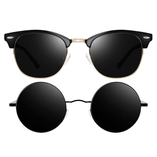 Joopin Semi Rimless & Small Round Sunglasses Bundle, Vintage Sun Glasses Polarized UV Protection Dark Black Shades for Men Women Designer Sunnies