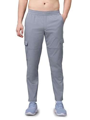 Image of TECHNOSPORT Men's Solid Straight Fit Cargo Pants TS Flexi 6 Pocket Polyester Quick Dry Elasticated Drawstring for Gym Travel Running Workout