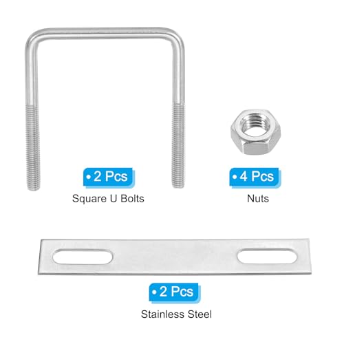 Image of PATIKIL M10x85x125mm Square U-Bolts Kit, 2Set 304 Stainless Steel Square U Shaped Bolts Replacement Parts with Frame Plates and Nuts for Ski Board Sailboat Trailer