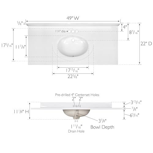Image of Design House Cultured Marble Vanity Top, 49 in W x 22 in D, Integrated 4 in Centerset Oval Sink & Backsplash, Solid White, 586255