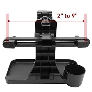 Macally Car Headrest Tablet Holder with Car Tray - for Phones and Tablets 4.5” to 10” Wide - Adjustable iPad Car Mount with Car Table and Cupholder - iPad Car Holder Back Seat