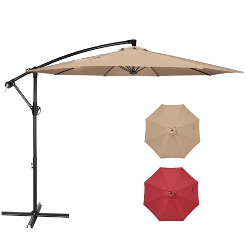 InfiniPower 10ft Cantilever Patio Hanging Umbrella Offset Outdoor Market Umbrellas with Easy Tilt Adjustment, for Backyard, Poolside, Lawn and Garden, Tan