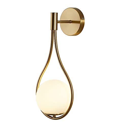 Image of KCO Modern Brass Gold Teardrop Wall Sconce Milk Glass Bathroom Vanity Light | E26 Bulb Included, Indoor Hardwired, Mid Century Wall Light for Bedroom Bedside Kitchen Hallway Living Dining Room Stairway