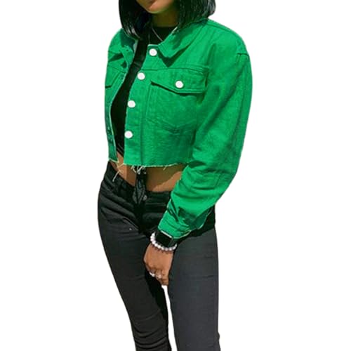 Women's Denim Short Long Sleeve Lapel Jacket Button Down Distressed Hem Crop Jeans Coat3
