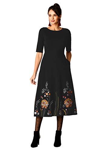 Eshakti Fx Floral Embroidered Cotton Knit Dress L-14 Black Multi #TOP4