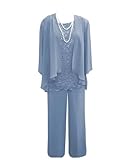 Sky-Blue Trouser Suits for Women UK Chiffon Mother of The Bride Dresses 3 Pieces Wedding Outfit for Older Ladies Size 14