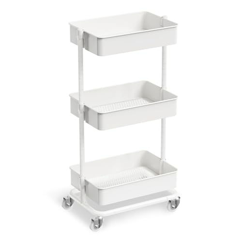 3 Tier Utility Rolling Cart, Heavy Duty Metal Rolling Cart with Wheels, Storage Organizer, Portable...