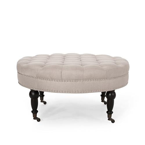 Rpuzonier Round Ottoman with Casters Wheels, 35” Fabric Cocktail Ottoman Upholstered Round Ottoman Coffee Table Footrest Bench with Button Tufted Top and Nailhead Trim for Living Room Bedroom (Wheat)