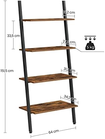 VASAGLE Ladder Shelf, Wall Rack Shelf and Storage Shelving Unit, 4-Tier Bookshelf, Living Room Kitchen Office, Steel, Stable, Slanted, Industrial, Rustic Browne and Black LLS43BX