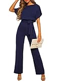 Dokotoo Damen Kurzarm Lang Jumpsuit Elegant Sommer Overall Jumpsuits O-Ausschnitt Playsuit Rückenfrei Sexy Hosenanzug mit Gürtel Blau L