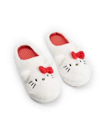 Hello Kitty Pantoufles blanches| Chaussons d'intérieur moelleux avec oreilles 3D et nœud | Motif pour femmes | Pantoufles douces pour la maison | Produits...