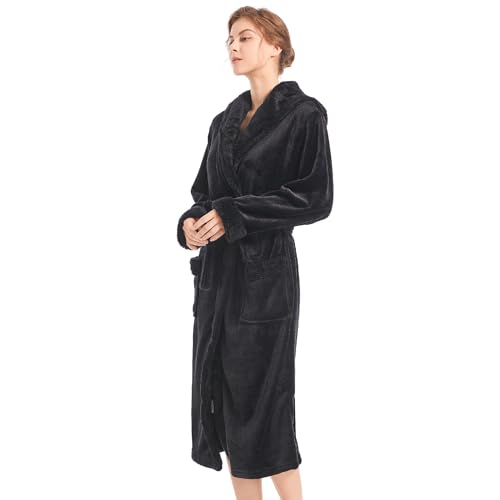 Image of Inner Wish Women Hooded Plush Robe, Fleece Highly Absorbent Cozy Warm Bathrobe