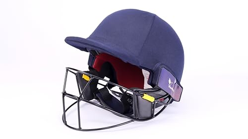 Image of Woodpecker Pro Professional Grade Cricket Batting Helmet with Carbon Steel| Navy Blue | Steel Single Grille Face Guard | Fabric Covered Helmet with Cloth Single Wire (Size-M)