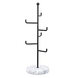 Navaris sieradenhouder metaal en marmer – Sieradenboom zwart met marmeren voet – Handig ophangen van sieraden, kettingen…