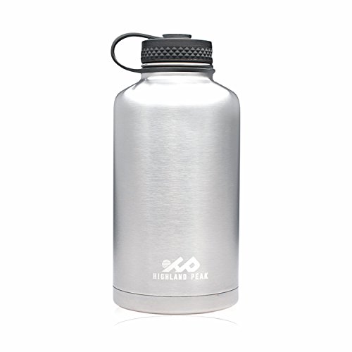64 oz Stainless Steel Insulated Water Bottle and Beer Growler by Highland Peak - Wide Mouth Canteen - Hot and Cold - BPA Free Metal Thermos Flask