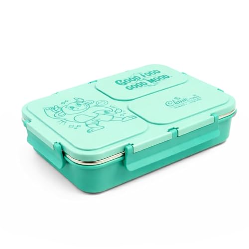 Image of Classic Steels Insulated 3-Compartment Stainless Steel Lunch Box for Kids & Adults | Leak-Proof Bento Box with Silicone Seal | BPA-Free & Food Grade, Green