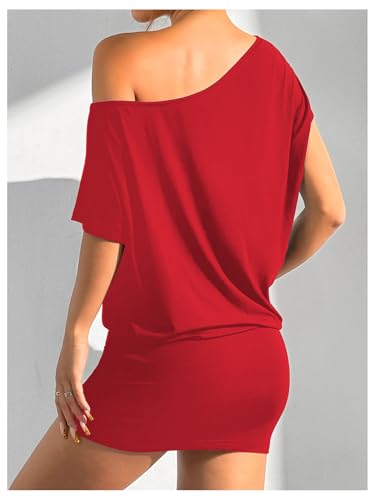 Image of SOLY HUX Women's Off The Shoulder Mini Dress Going Out Asymmetrical Neck Short Sleeve Casual Bodycon T Shirt Dresses