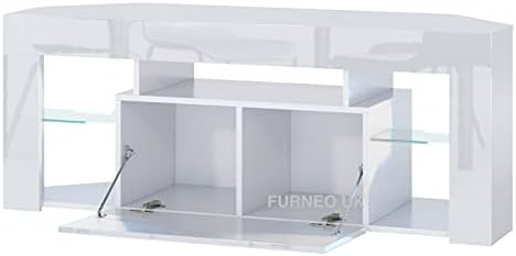 Furneo White Corner TV Stand 125cm Unit Cabinet Matt & High Gloss Milano05 White LED Lights
